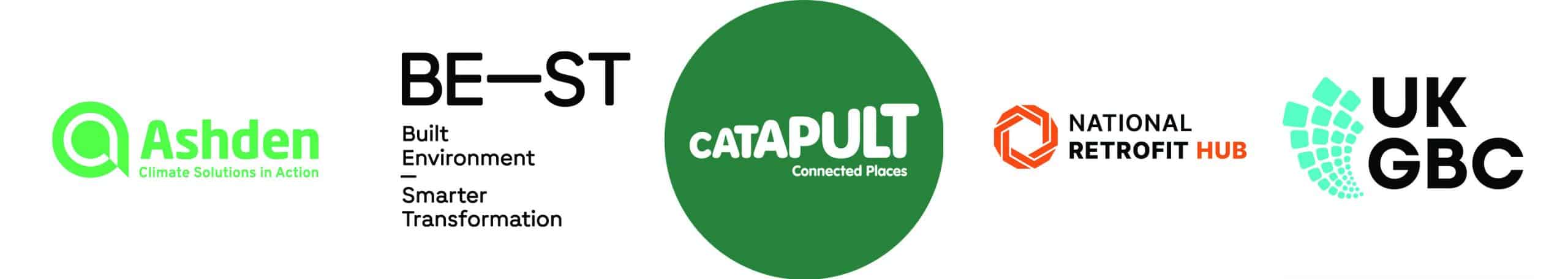 Logos for Ashden, BE-ST, Connected Places Catapult, National Retrofit HUB and UK GBC.